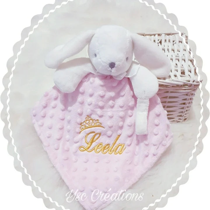 Doudou lapin bébé minky personnalisé – Broderie prénom douce et sécurisée