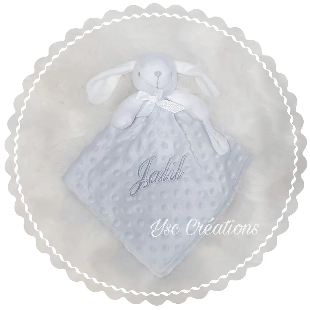 Doudou lapin bébé minky personnalisé – Broderie prénom douce et sécurisée