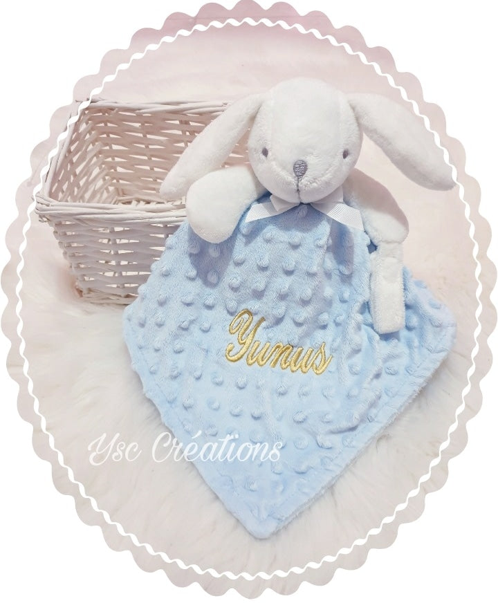 Doudou lapin bébé minky personnalisé – Broderie prénom douce et sécurisée