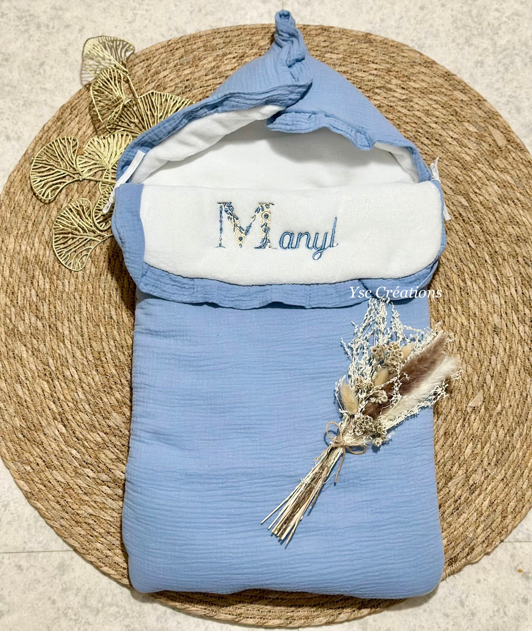 nid d’ange bébé personnalisé en gaze de coton et polaire