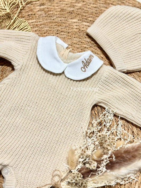 Tenue de naissance personnalisée luxe 0/3 mois avec broderie du prénom sur le col